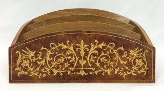 Vintage Italian Sorrento Inlaid Marquetry Wood Desk Letter Mail Holder Organizer