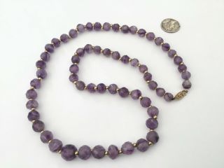Vintage 14k Yellow Gold And Graduated Hand Cut Amethyst Beads Necklace 22” L