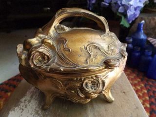Lovely Large Antique Art Nouveau Metal Jewelry Casket Box Shabby Gold Patina