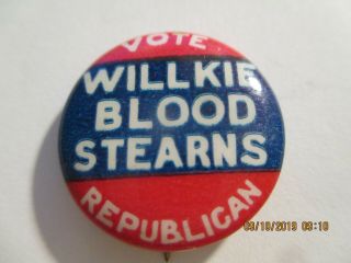 1940 Wendell Willkie For President Pin 7/8 " & Blood & Sterns Coattail