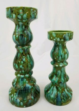 Mid - Century Pair Turquoise Drip Glaze Pottery Candle Holder Boho Vintage Signed