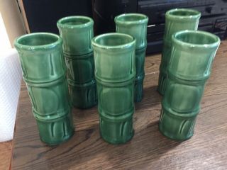 Vintage Set Of 6 Libbey Bamboo Tiki Tall Green Ceramic Cocktail Mugs Cups Vases