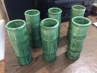Vintage Set of 6 Libbey Bamboo Tiki Tall Green Ceramic Cocktail Mugs Cups Vases 2