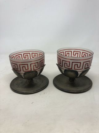 Vintage Victorian Finger Bowls Red Design Spin With Silver Plated Stands