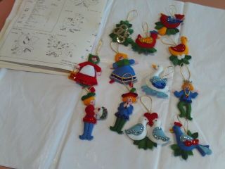 Completed Set Of 12 Vintage Bucilla Jeweled Felt 12 Days Of Christmas Ornaments