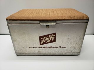 Vintage Schlitz Cronstroms Metal Beer Cooler Ice Chest W/ Padded Seat Handles