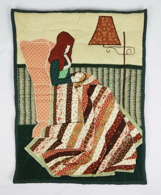 Vintage Applique Quilted Wall Hanging Art Of Woman Quilting Scene