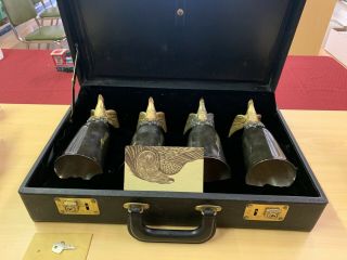 Very Rare Budweiser Anheuser Busch Case & 4 Silver Plate Golden Eagle Goblets