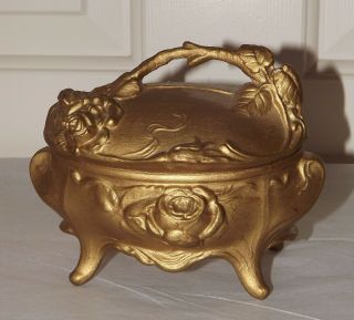 Antique Vintage Nouveau Victorian Dresser Roses Jewelry Casket Trinket Box Gold