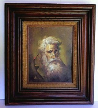 Vintage Old Man With Glasses Canvas Oil Painting Signed Benson Frame