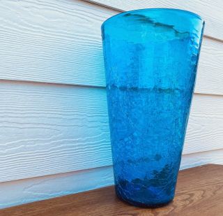 Mid Century 1960s Blenko Aqua Blue Vintage Large Crackle Glass Vase 366 12.  5”
