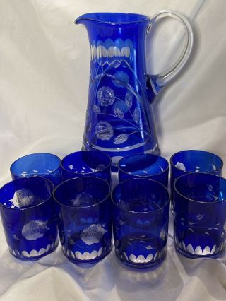 Vintage Etched Bohemian?? Crystal Cobalt Blue Pitcher & 8 Glasses