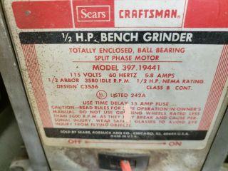 Vintage Craftsman Bench Block Grinder 1/2HP 7 