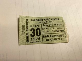 Bad Company In Concert Lakeland Civic Center,  Florida March 30,  1976 Vtg Ticket