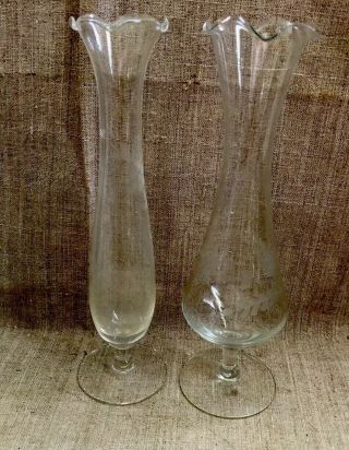 Art Nouveau Clear Glass Bud Vases Set Of 2 Ruffled Edge Footed Etched Vintage