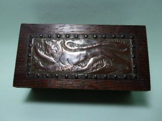 Antique Arts & Crafts Oak Box,  Copper Plaque,  