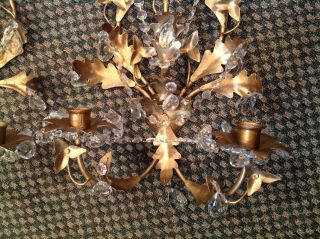 2 Vintage Mid Century Modern Wall Candle Sconces Gold Metal w/ Glass Prisms 2