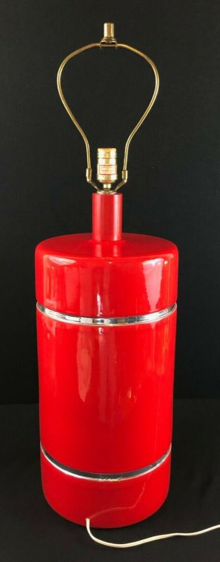Mid Century Modern Red Ceramic And Wood Table Lamp 19 " High Silver Accent Retro