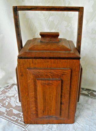 Vintage Arts & Crafts Oak Wood Paneled & Handled Tea Caddy Candle Box