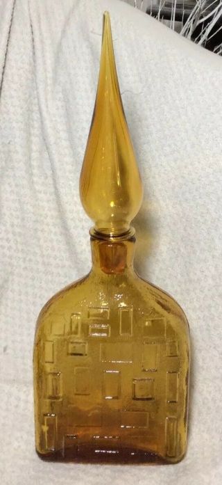 Vintage Mcm Amber Glass Bottle & Decanter Stopper (16.  5 " Italy) Great