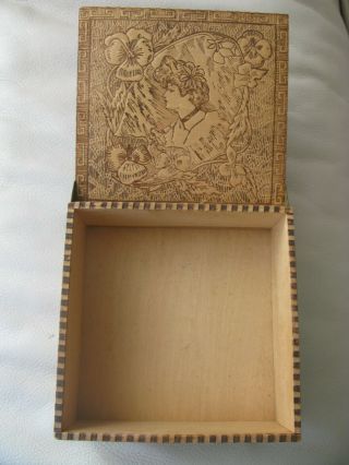 Antique Art Nouveau Gibson Girl Woman Floral Pyrography Wood Hankie Jewelry Box