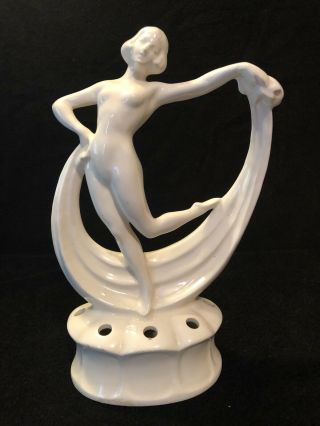 Vtg Lg Art Deco Porcelain Nude Dancing Woman Figurine Flower Frog Germany 9.  5 "