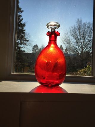 Vintage Midcentury Blenko Ruby Red Pinch Decanter W/ Clear Stopper