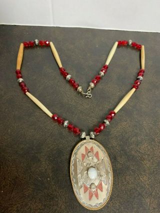 Vintage Native American Red Bead & Bone Necklace W/ Sterling Silver Medallion