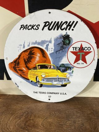 Vintage 57  Texaco  Punch Gas Pump Plate,  Porcelain 12 Inch.