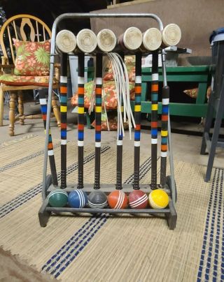 Vintage Wood Croquet Set With Rolling Caddy 6 Mallets 6 Balls 9 Wickets 2 Stakes