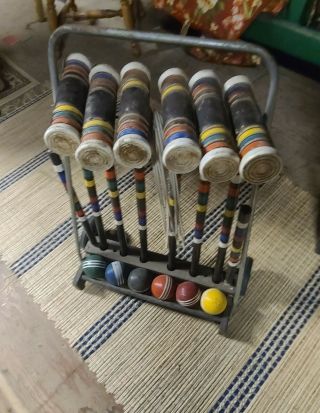 Vintage Wood Croquet Set With Rolling Caddy 6 Mallets 6 Balls 9 Wickets 2 Stakes 2