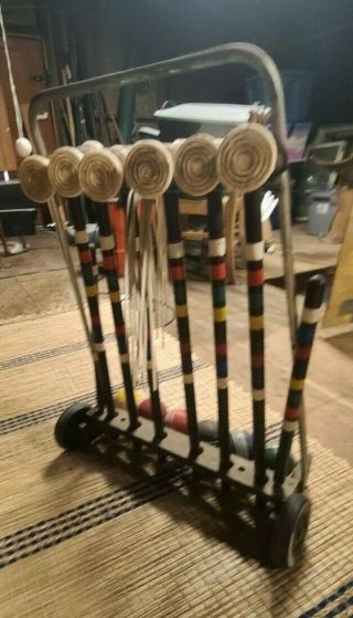 Vintage Wood Croquet Set With Rolling Caddy 6 Mallets 6 Balls 9 Wickets 2 Stakes 3