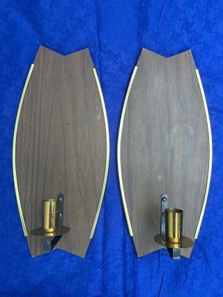 Pair Vtg Mcm Mid Century Danish Modern Wood Brass Candle Wall Sconce Fixture