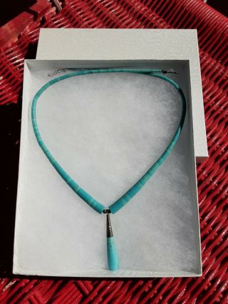 Vintage Santo Domingo Sterling Silver Turquoise Heishi Bead Necklace 17 Inches