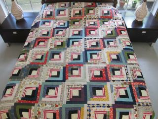 Vintage Hand Quilted All Cotton Log Cabin Quilt,  Fabrics; 85 " X 83 "