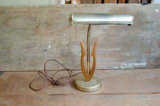 Mid Century Modern Brass Desk / Table Lamp Wood Accents.  Mcm Table Lamp Desk