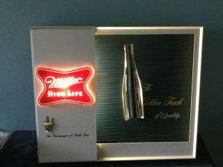 Miller beer sign old lighted motion glass High life golden touch of quality rare 3