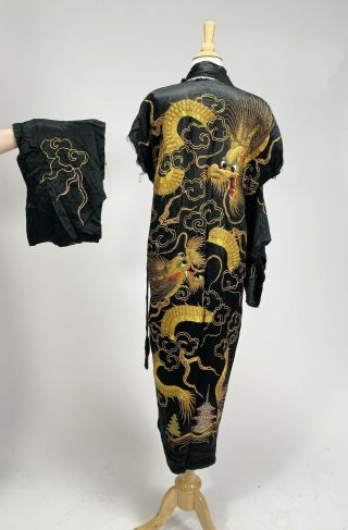 Antique Vintage Embroidered Black Silk Kimono Dragon Robe With Gold Lamé