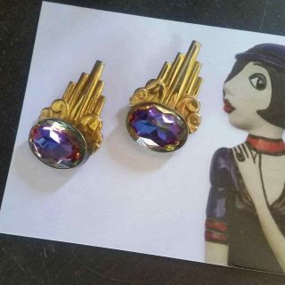 Art Deco Earrings,  Multi - Color Crystal Glass And Gold Tone Metal,  Clips
