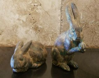 Vtg Mid Century Japanese Modern Green Cast Iron Rabbit Pair Sculptures/figurines