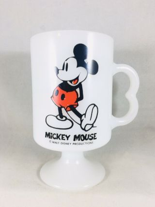 Vtg 1970s Mickey Mouse Fire King White Milk Glass Mug Cup Footed Walt Disney