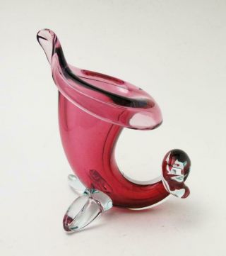 Vintage Murano Glass Cornucopia Vase Cranberry Pink Italian Archimede Seguso