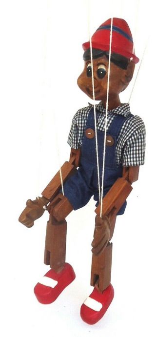 Vintage Wood Pinocchio Marionette Puppet,  17 " Tall,  Hand Carved Fabric Shirt & S