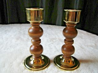 Set Of 2 Vintage Gold Toned Metal And Wood Candle Holders Mid Century Modern