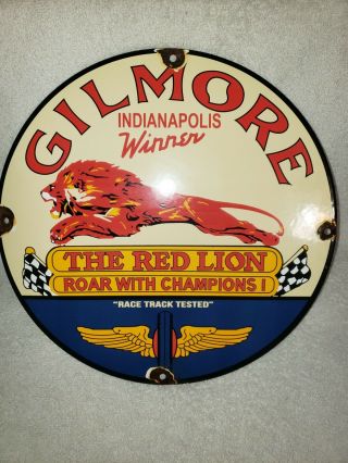 Vintage Porcelain Gilmore Red Lion Gas And Oil Sign