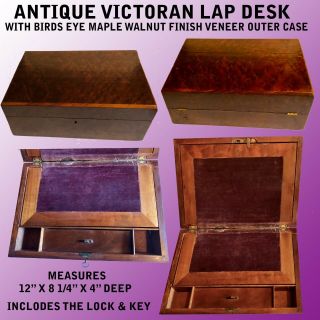 Antique Victorian Lap Desk With Birds Eye Maple,  Walnut Finish Veneer Outer Case