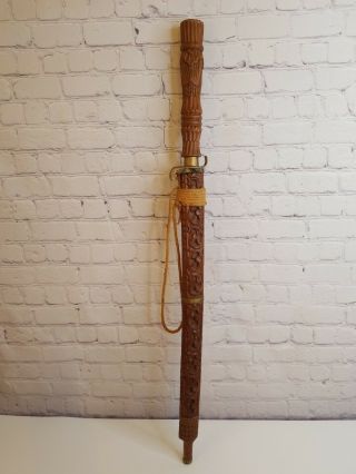 Vintage Thai Dha Sword Hand Carved Teak Wood Wooden Scabbard Vietnam 35 " Machete