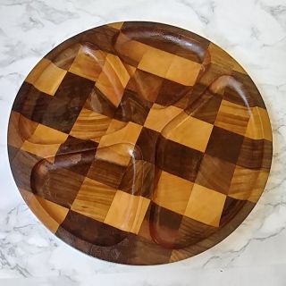 Vintage Danish Mid Century Modern Mcm Teak Wood Divided Tray Platter Checkered