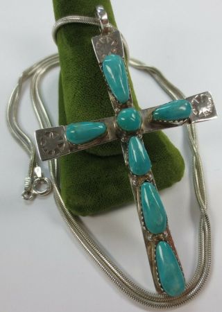 Vintage Sterling Silver And Turquoise Cross Pendant & Chain Southwestern