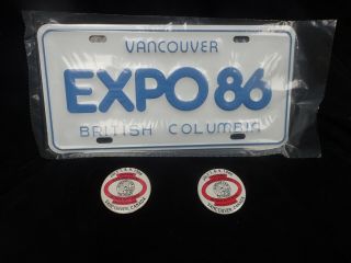 Expo 86 License Plate Vancouver Souvenir B.  C.  Plus 2 Rare Pins